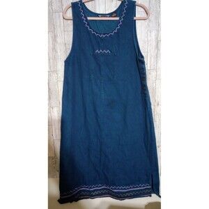 Shaver Lake Dress Embroidered Sleeveless Jumper Blue Denim‎ Modest Size Medium